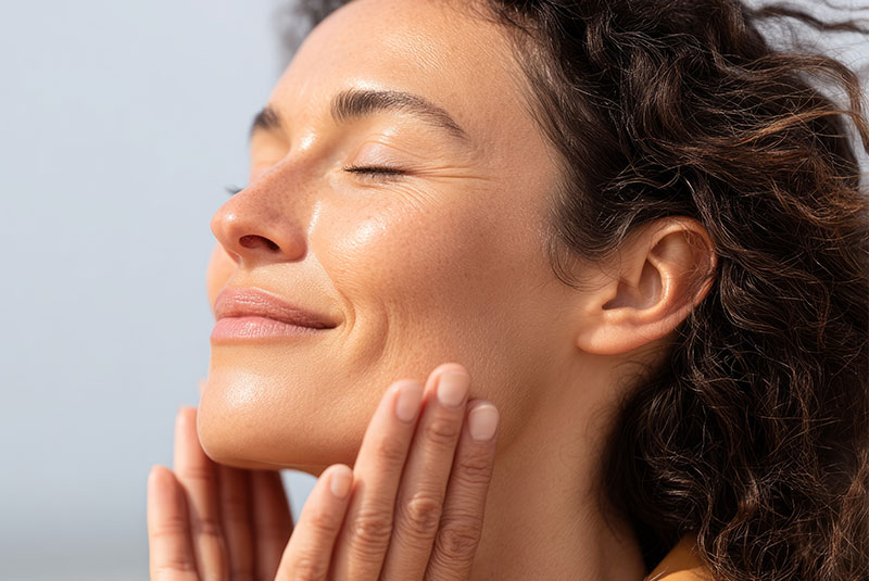 model with beautiful skin smiling and posing for their photoshoot
